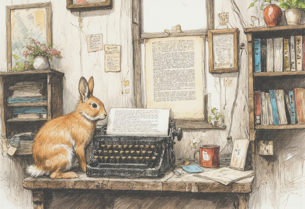 タイプライターを見つめるうさぎ