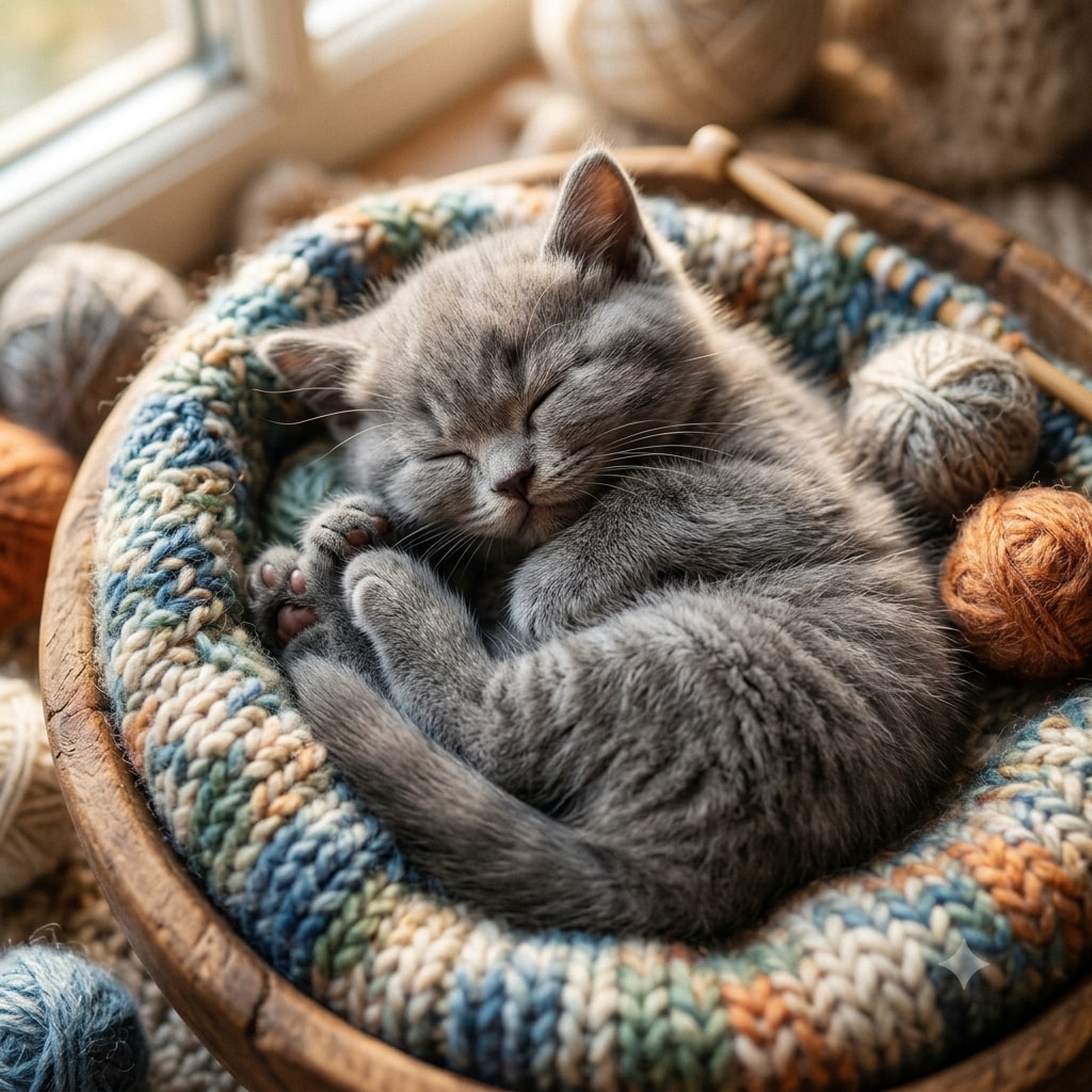 さて、編み物の続きを…あれ？🧶💤