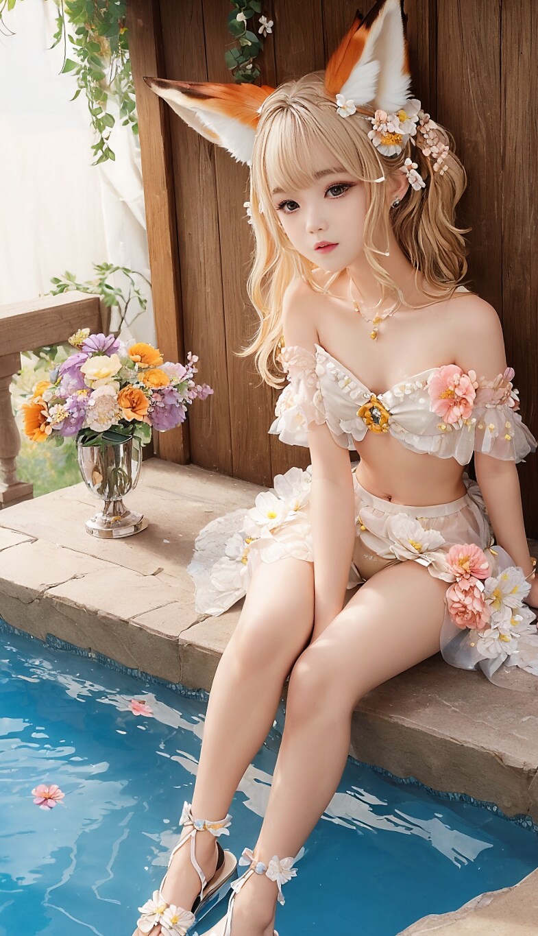夏のプールに来たキツネ