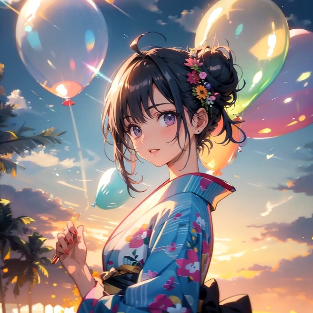 いっぱい風船を持つお団子ヘアの着物着た美女。 | の人気AIイラスト・グラビア