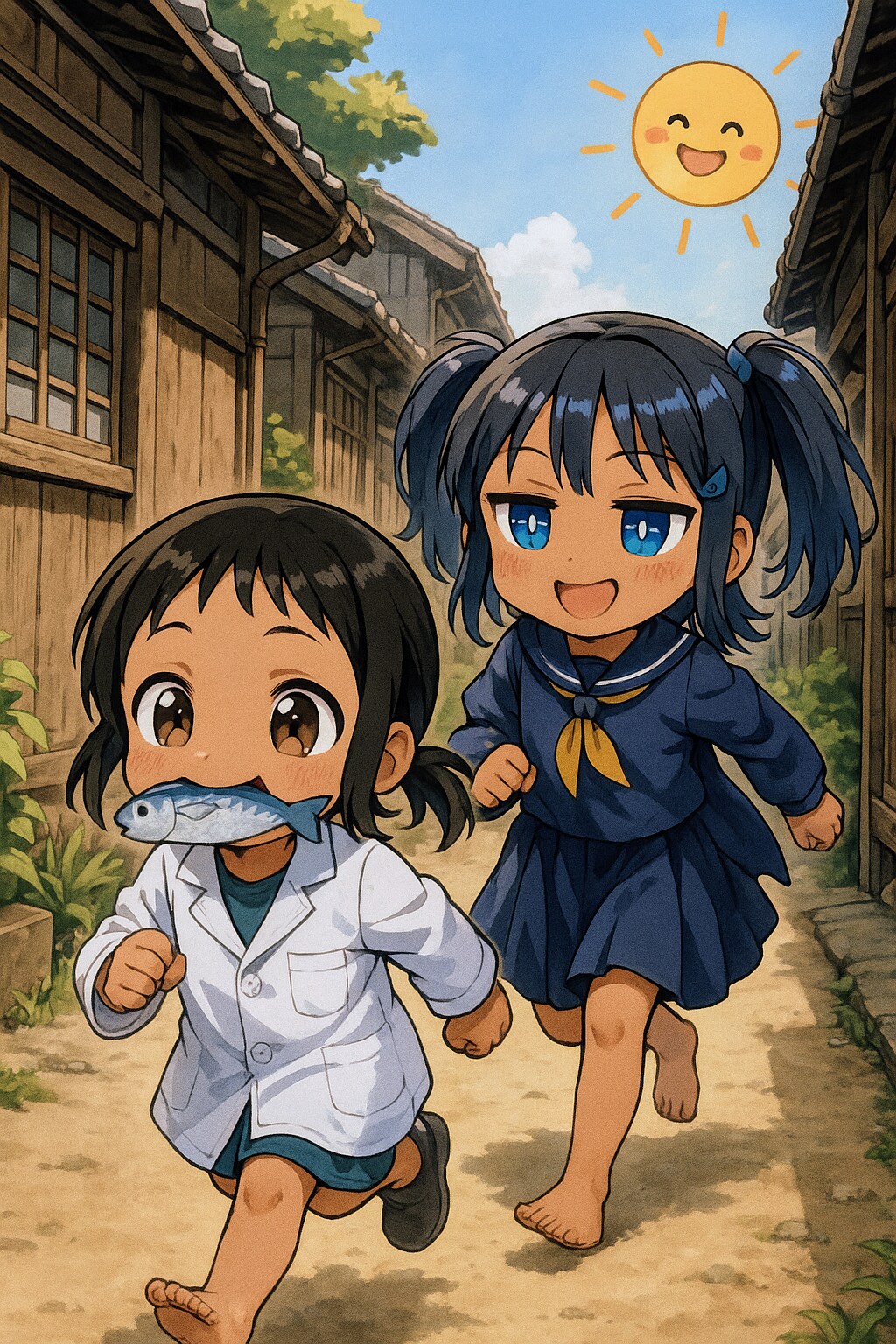 お魚咥えた幸多さん追っかけて裸足で駆けてくこなつちゃん