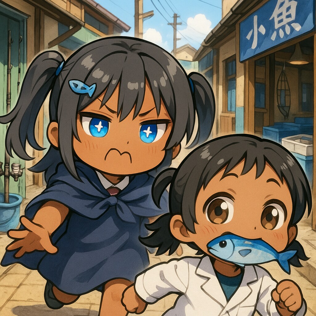 お魚咥えた幸多さん追っかけて裸足で駆けてくこなつちゃん