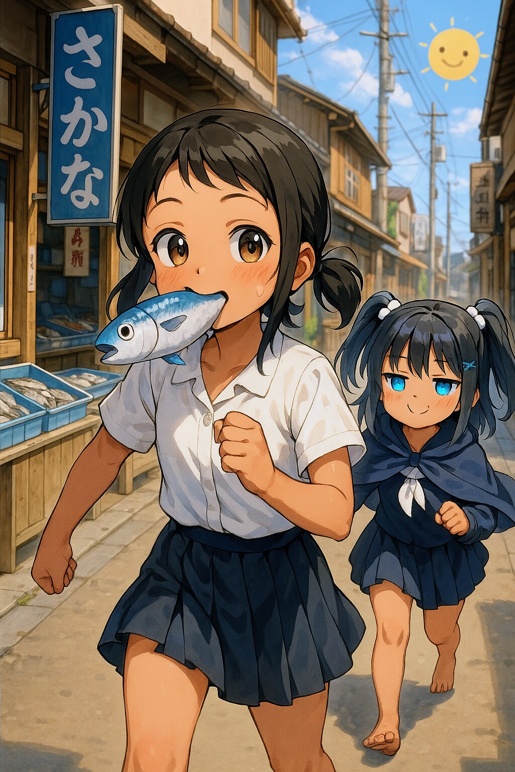 お魚咥えた幸多さん追っかけて裸足で駆けてくこなつちゃん