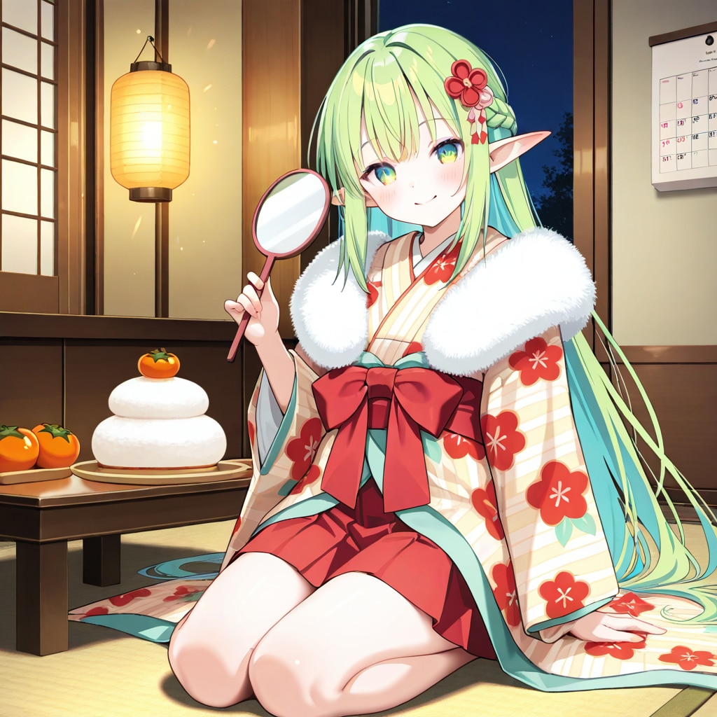 お正月の鏡餅を飾ったり眺めたりしているエルフの女の子