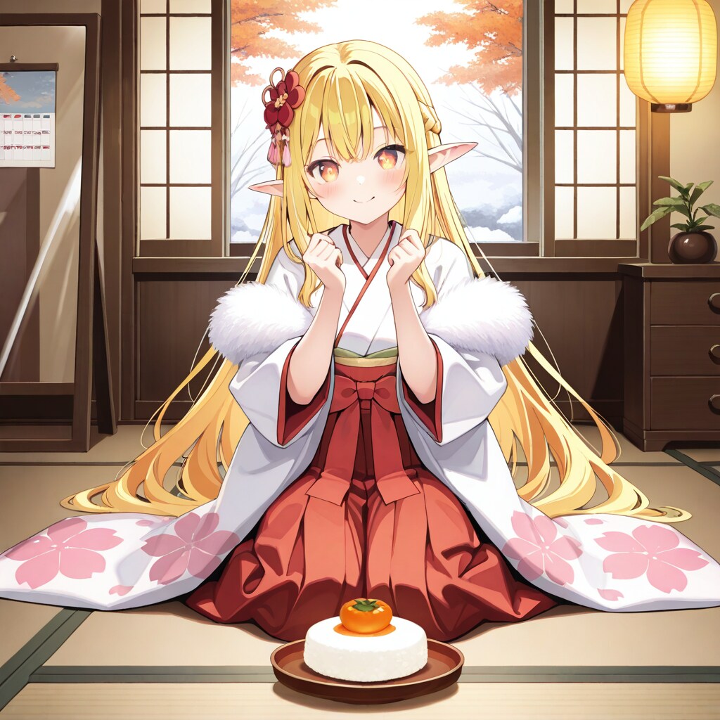 お正月の鏡餅を飾ったり眺めたりしているエルフの女の子 | の人気AIイラスト・グラビア