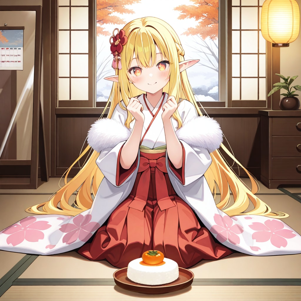 お正月の鏡餅を飾ったり眺めたりしているエルフの女の子