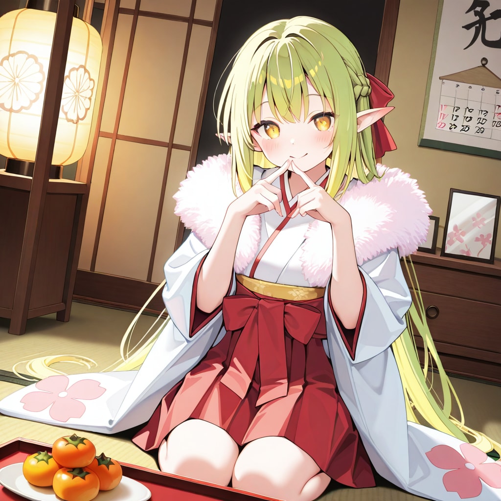 お正月の鏡餅を飾ったり眺めたりしているエルフの女の子