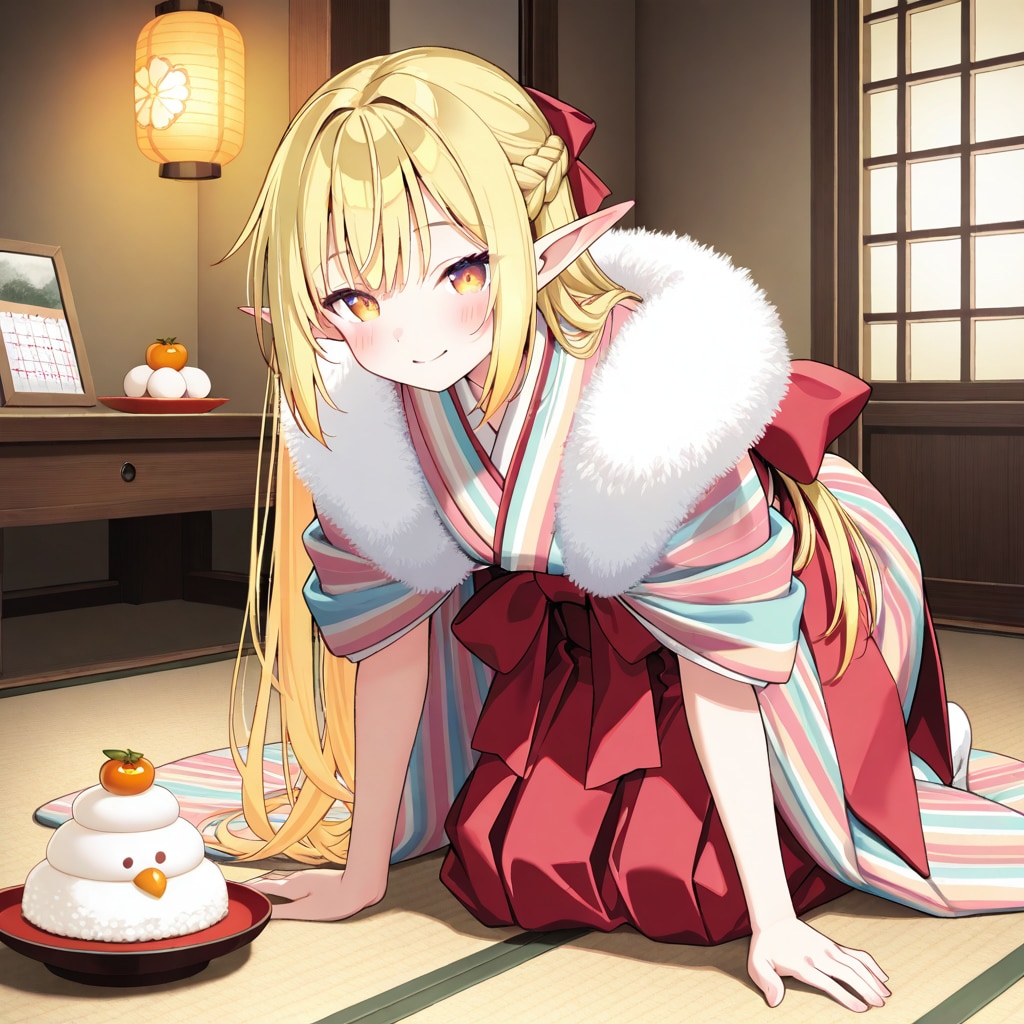 お正月の鏡餅を飾ったり眺めたりしているエルフの女の子