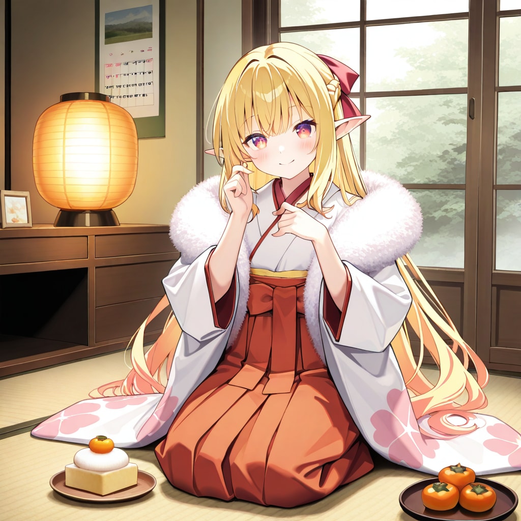 お正月の鏡餅を飾ったり眺めたりしているエルフの女の子