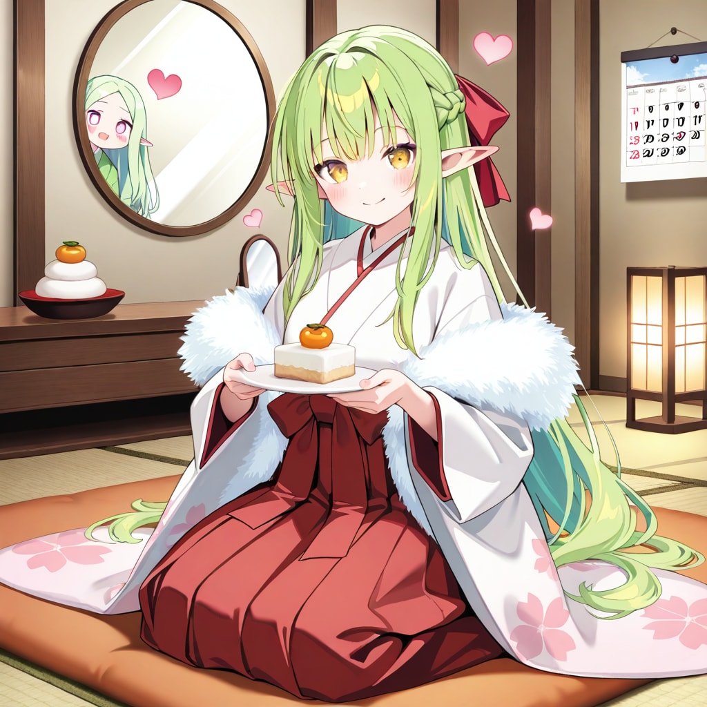 お正月の鏡餅を飾ったり眺めたりしているエルフの女の子