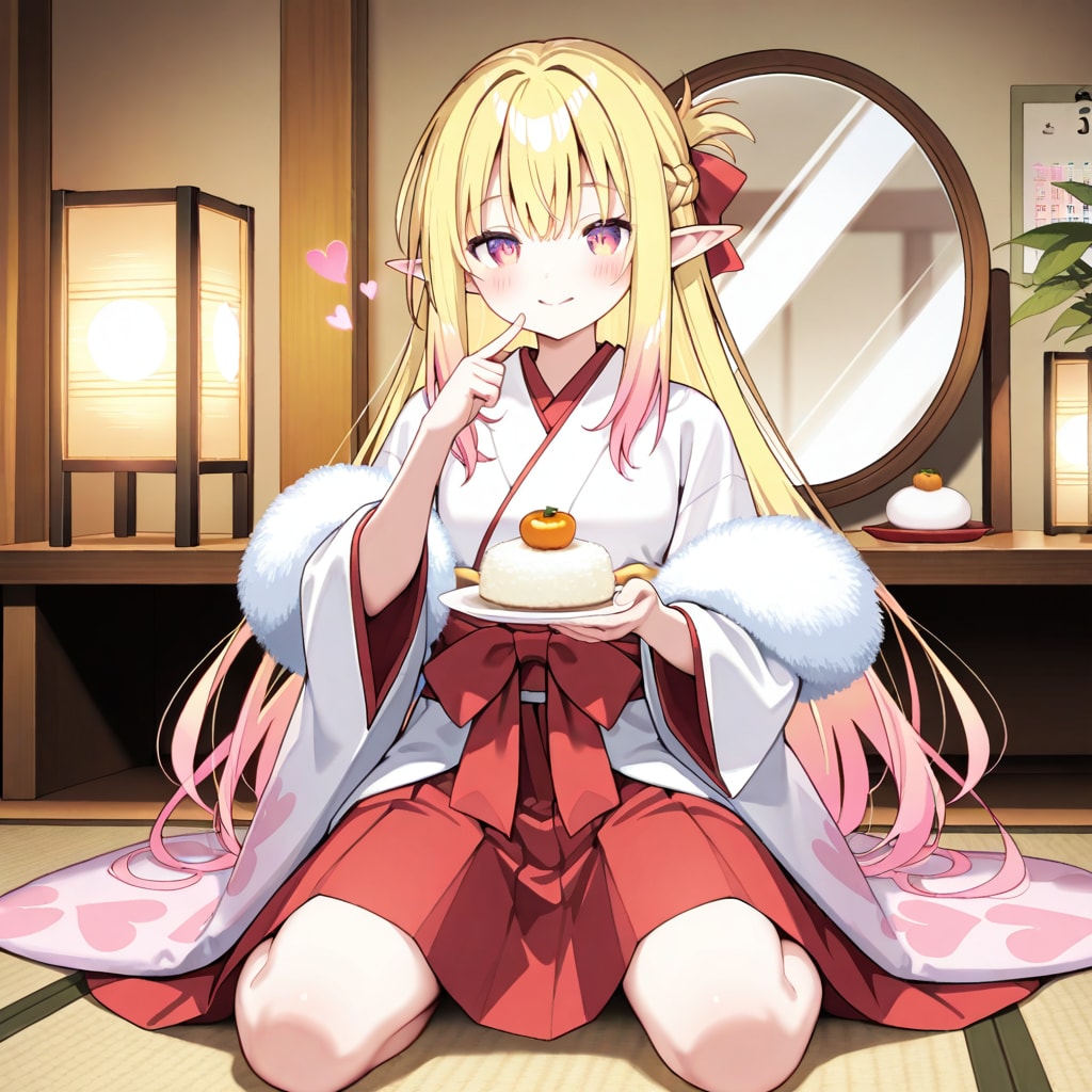 お正月の鏡餅を飾ったり眺めたりしているエルフの女の子