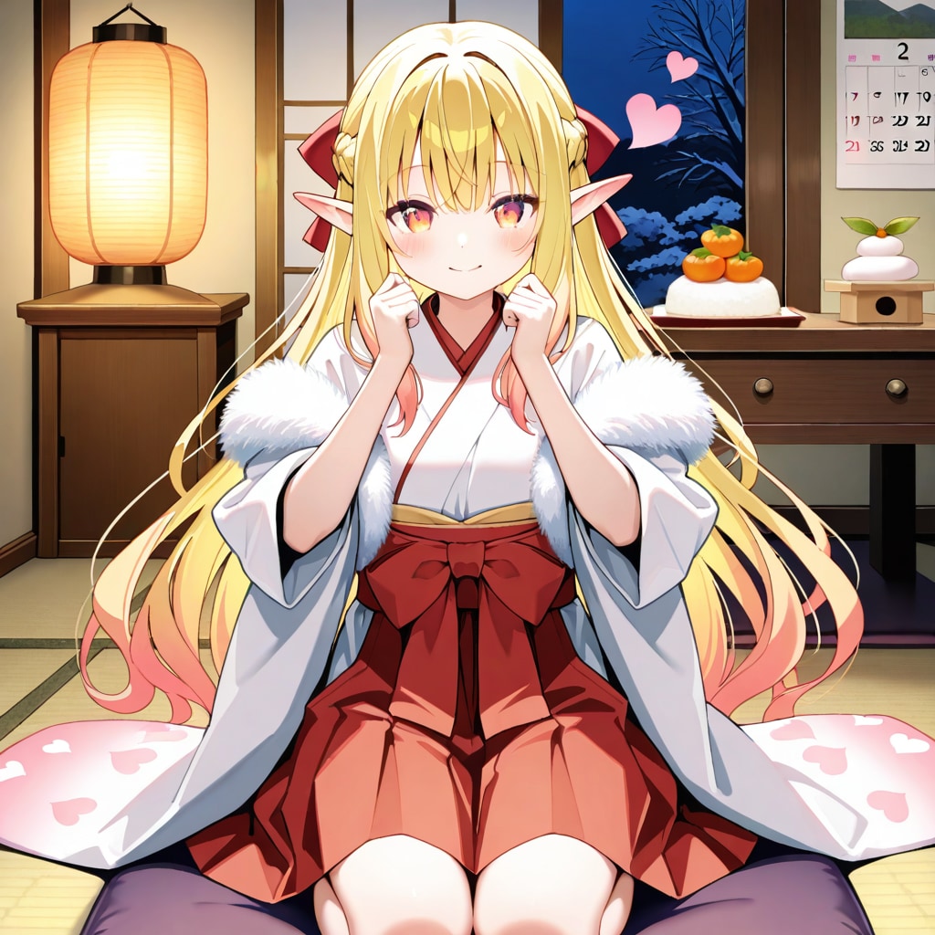 お正月の鏡餅を飾ったり眺めたりしているエルフの女の子