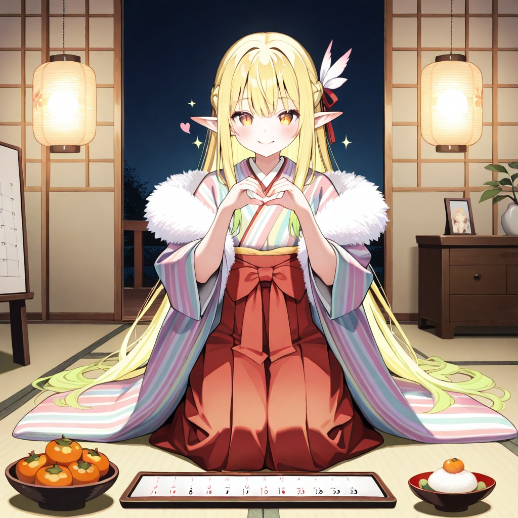 お正月の鏡餅を飾ったり眺めたりしているエルフの女の子