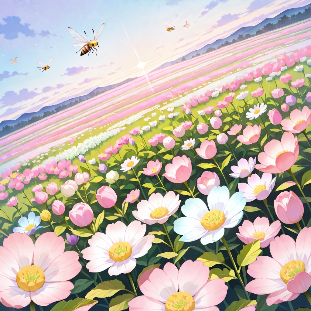 ミツバチとパステル花畑
