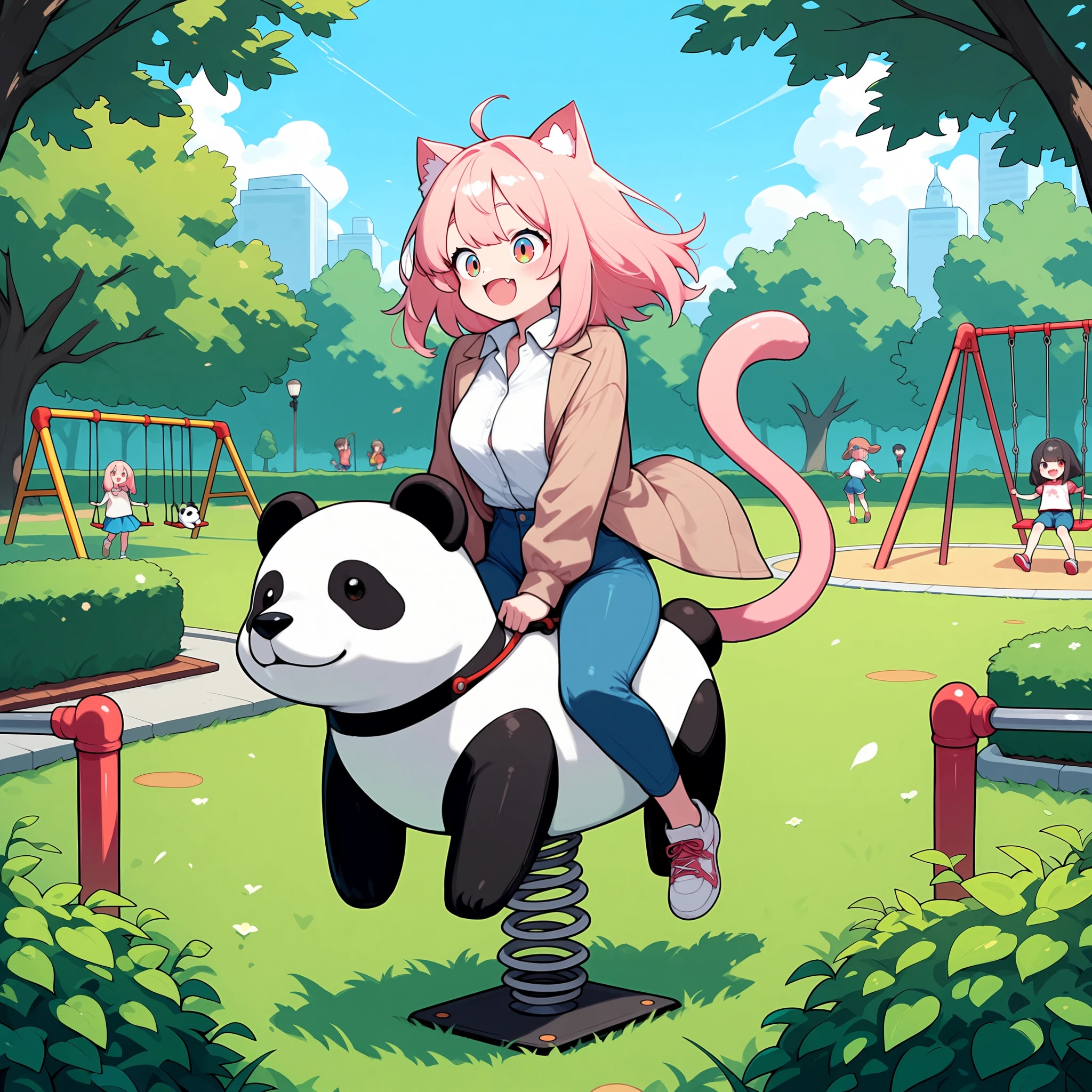 パンダの遊具ではしゃぐ猫耳さん