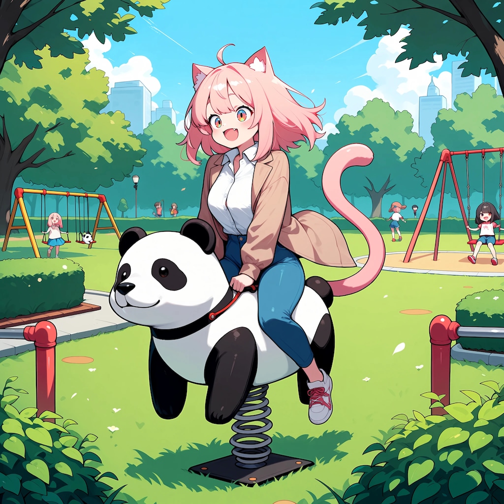 パンダの遊具ではしゃぐ猫耳さん