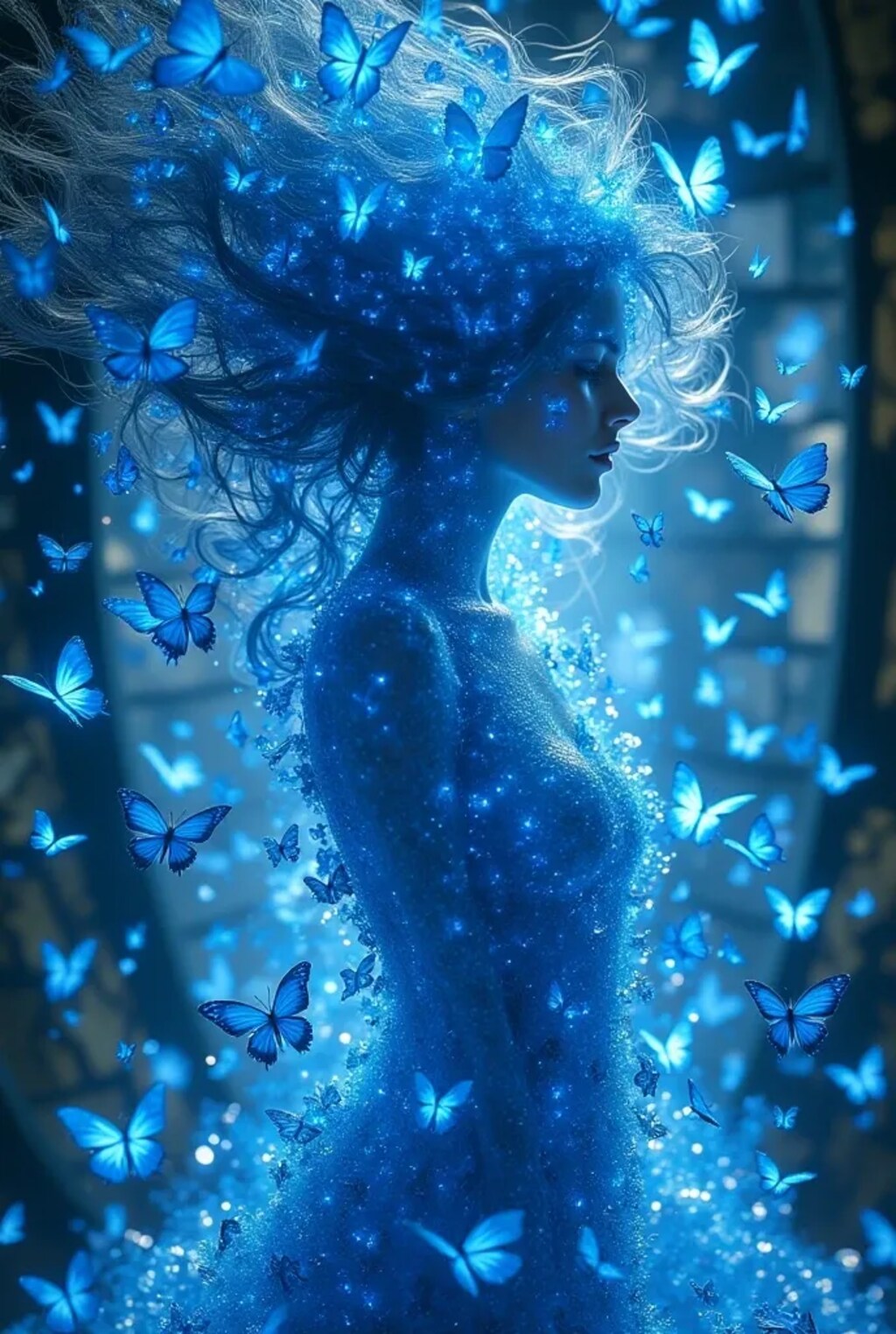 Blue butterflies gather in a vertical circle to form the woman.