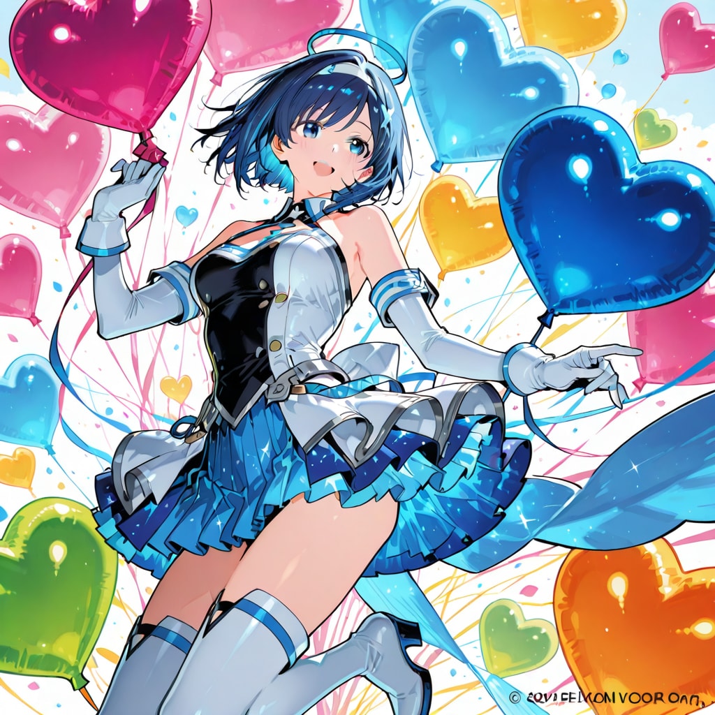 色とりどりのハート風船を持つ青い髪ショートカットの美女アナウンサー? | の人気AIイラスト・グラビア
