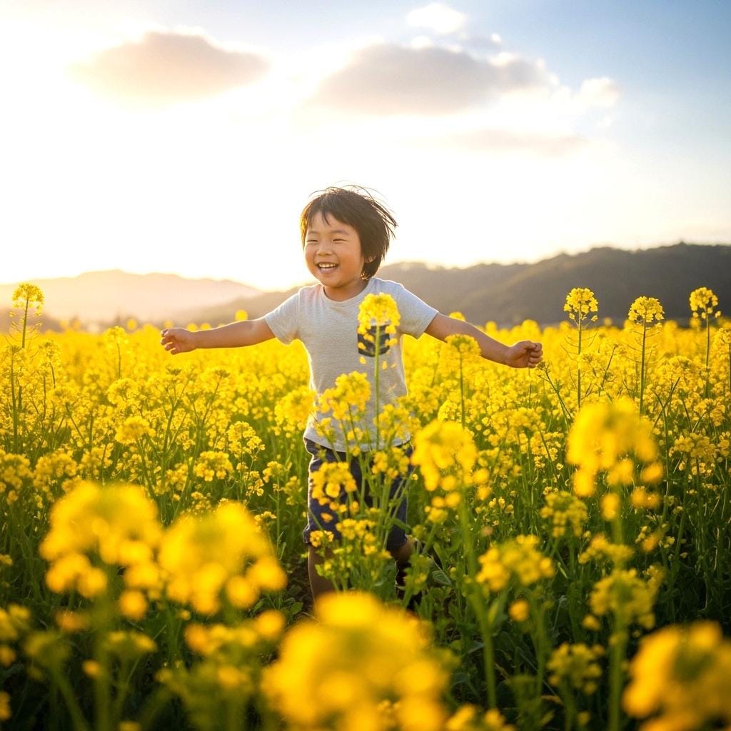 菜の花畑で遊ぶ