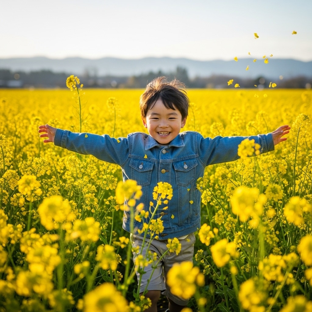 菜の花畑で遊ぶ