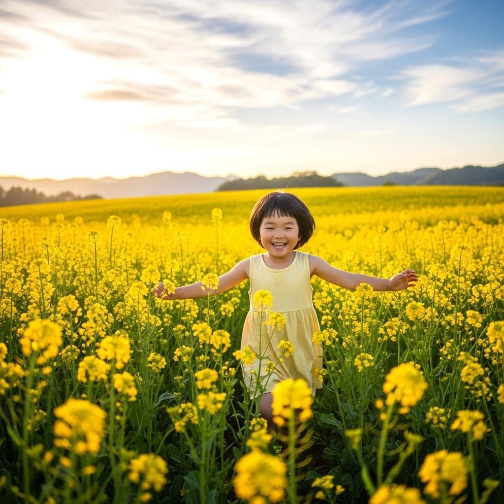 菜の花畑で遊ぶ
