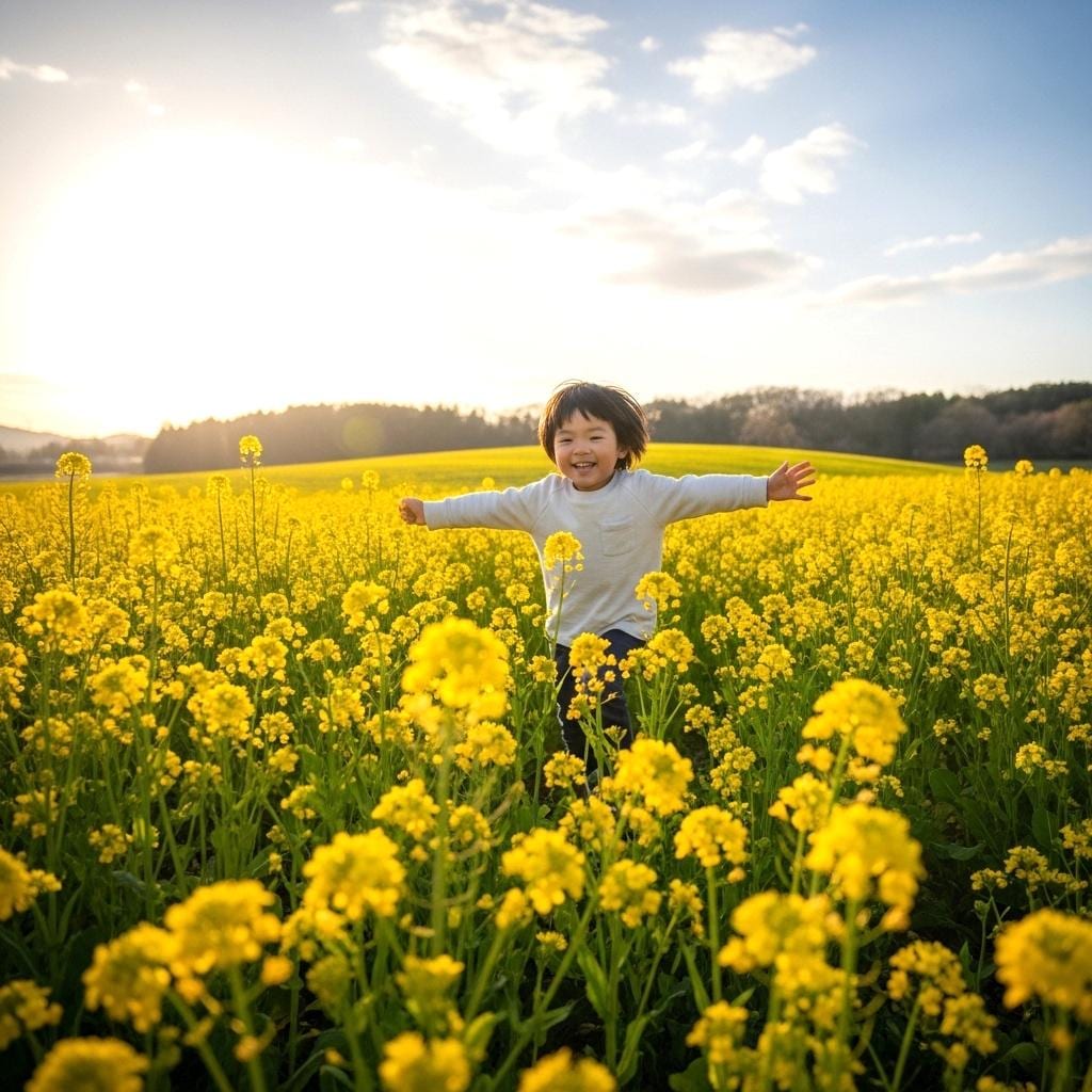 菜の花畑で遊ぶ