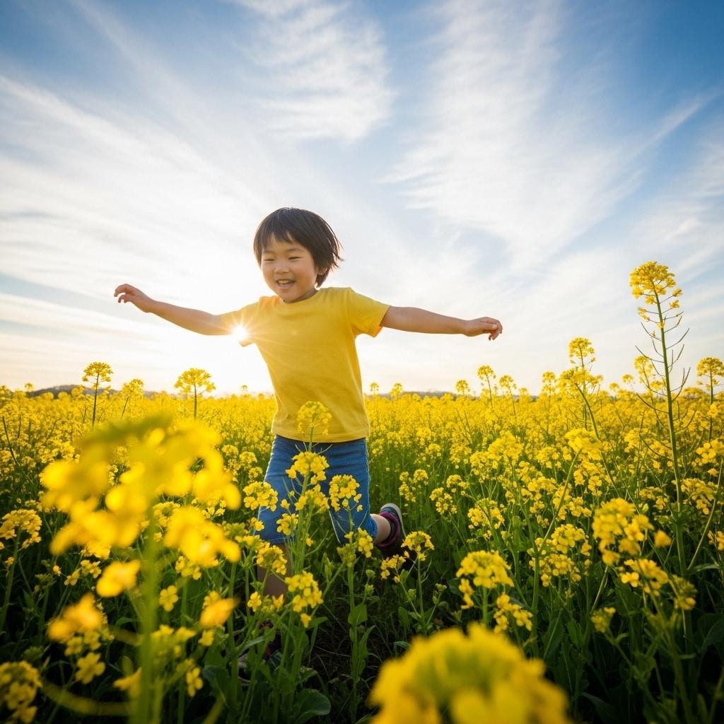 菜の花畑で遊ぶ