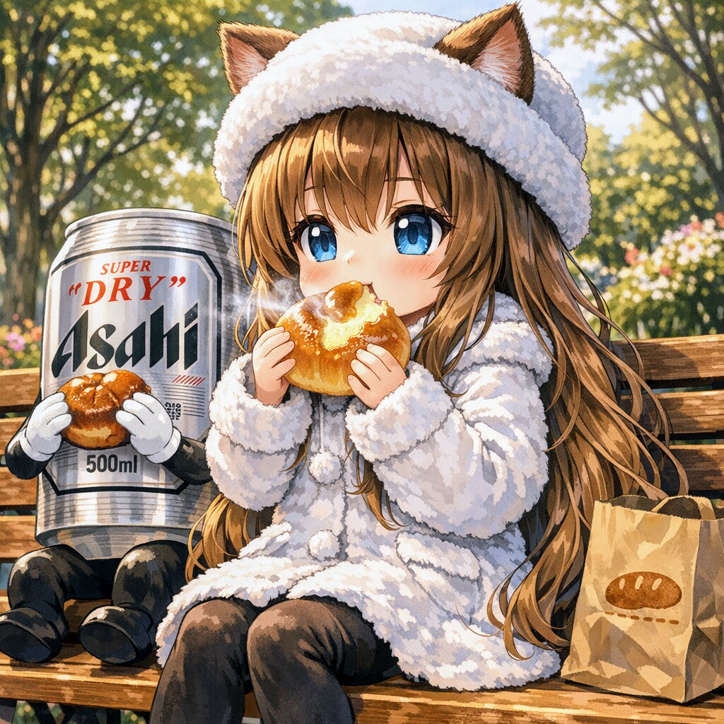 焼きたてのクリームパンを食べる小さな女の子