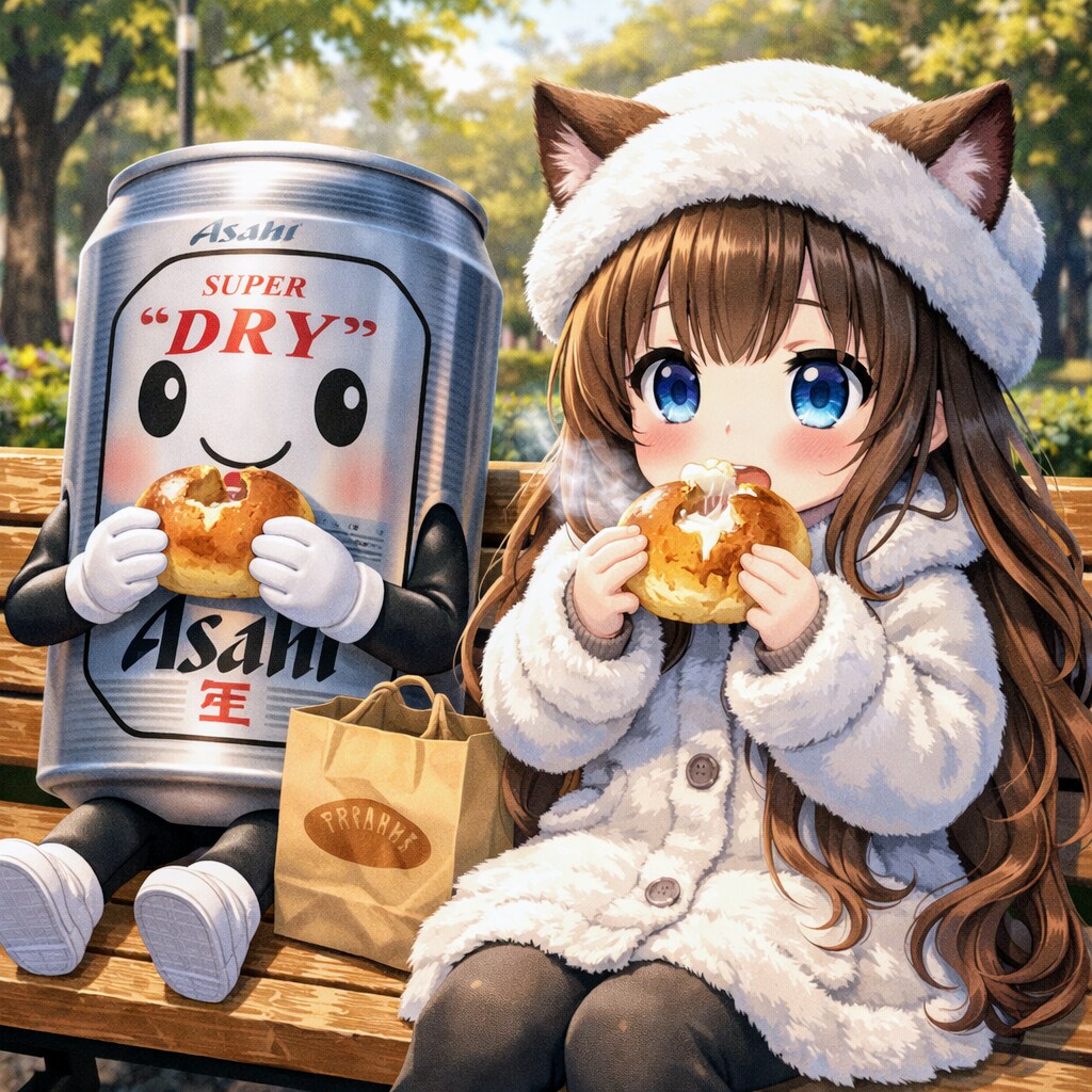 焼きたてのクリームパンを食べる小さな女の子