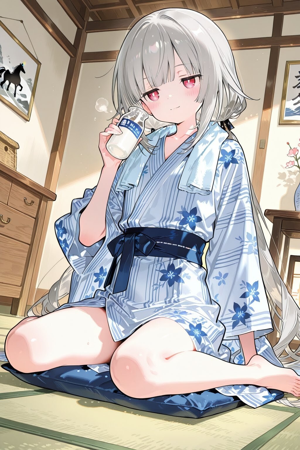 旅館で牛乳を飲むアイちゃん