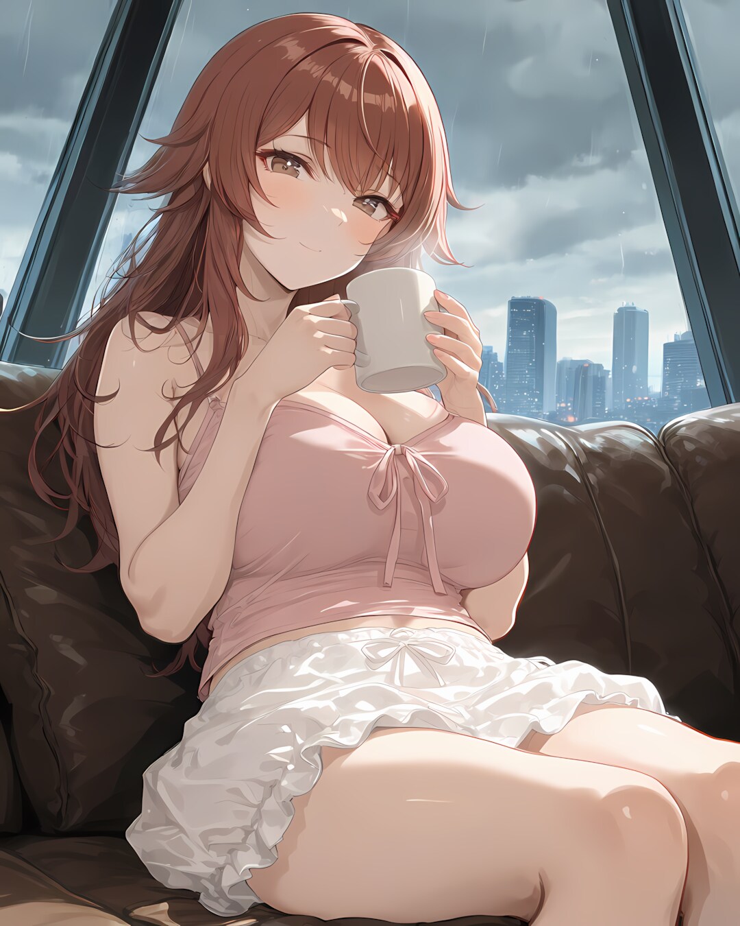 【雨の休日デート】展望ラウンジでほっと一息♡組んだ美脚とマグカップ☕️ | の人気AIイラスト・グラビア