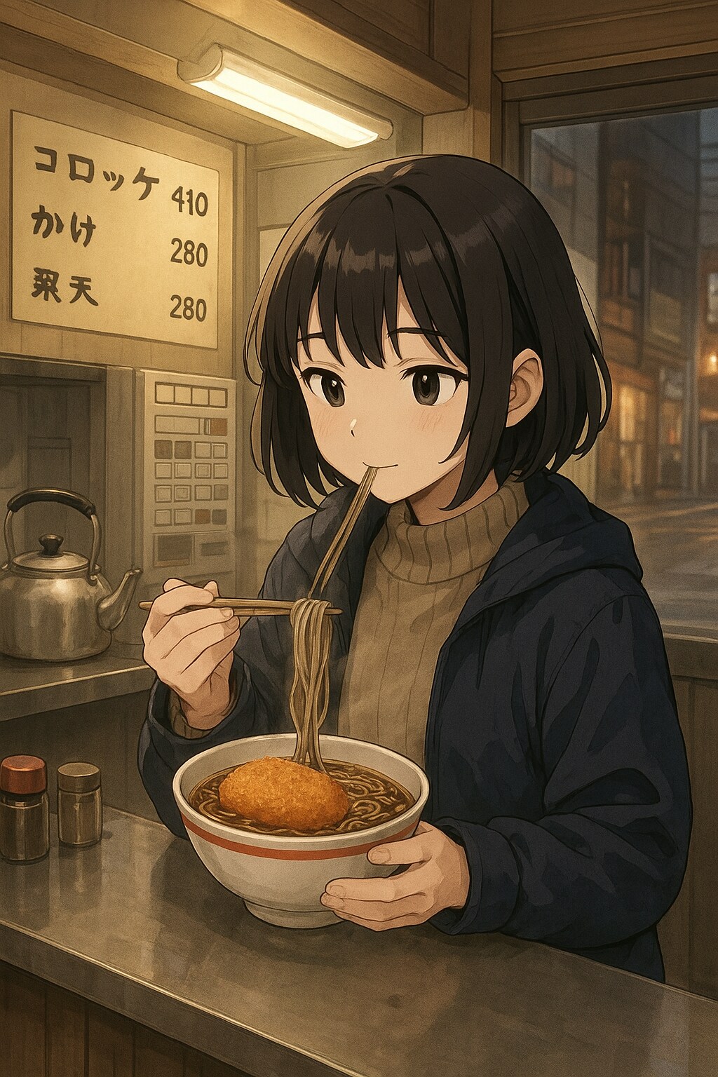 コロッケそばを食べている女の子