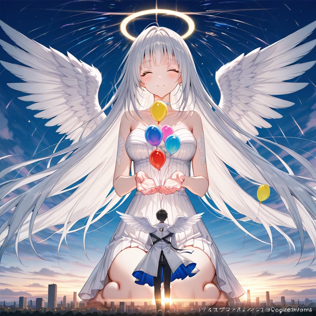 いっぱい色とりどりの風船を持つシルバーロングヘアの天使の羽付けた美女 | の人気AIイラスト・グラビア