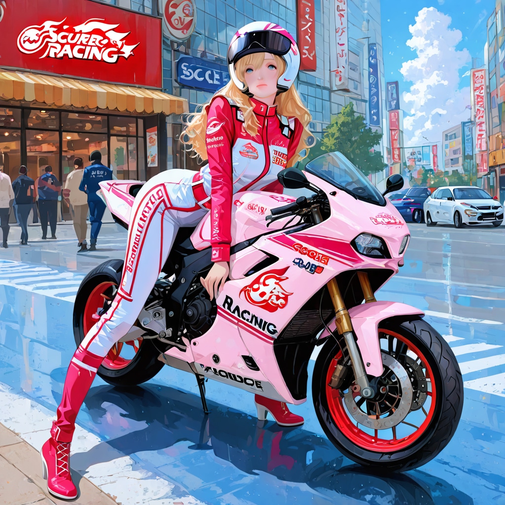 信号が変わるのを待っているバイカー美人