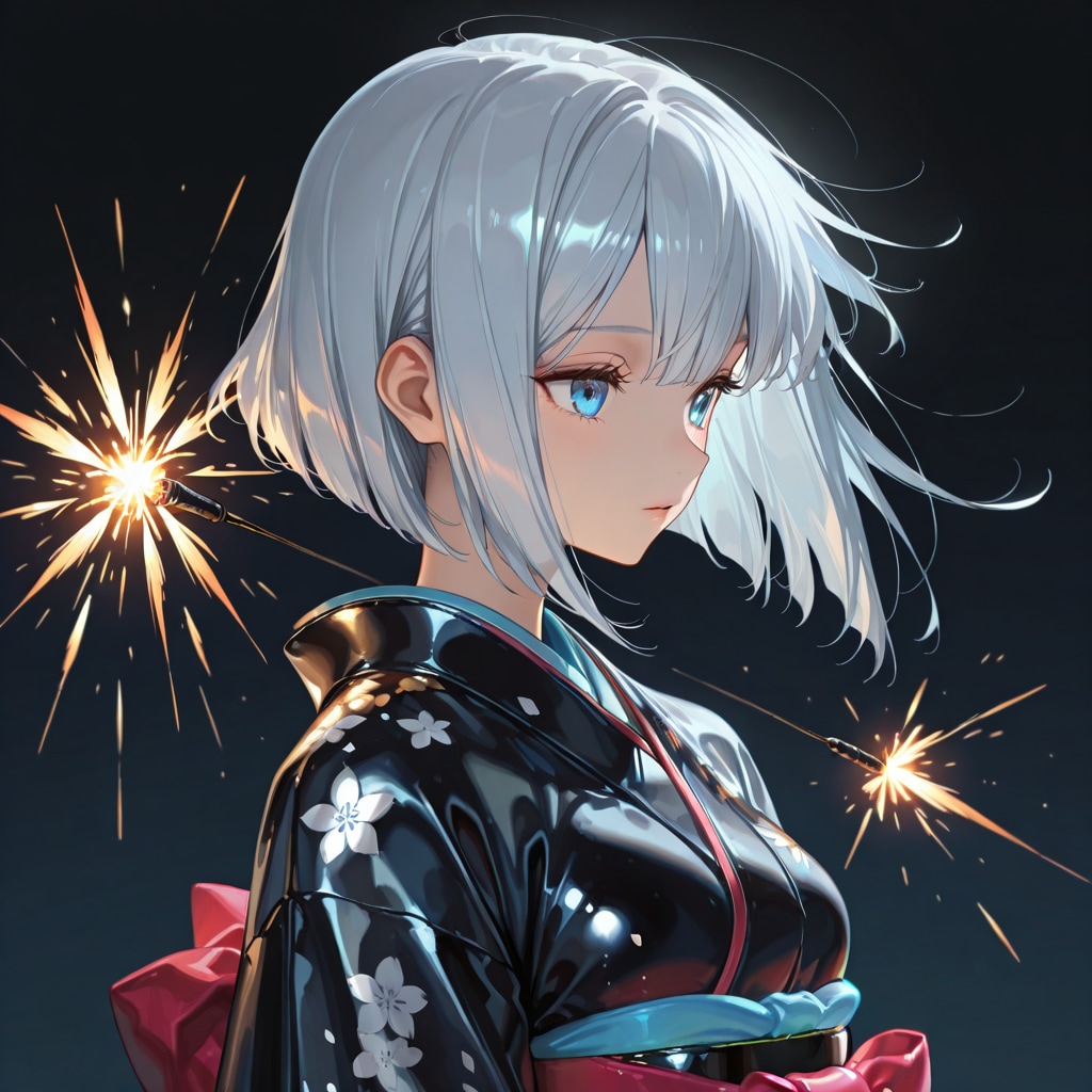 銀髪は至高、花火と和服 | の人気AIイラスト・グラビア