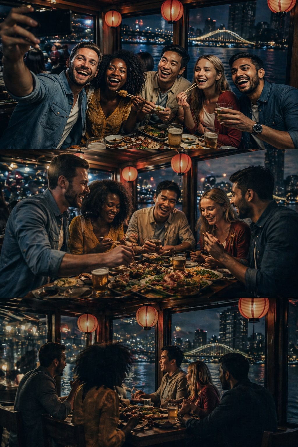 観光客たちの屋形船での３コマ