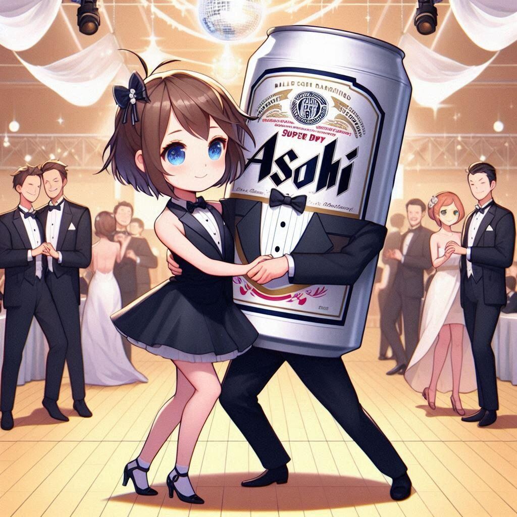 社交ダンスを踊るビール缶と小さな女の子