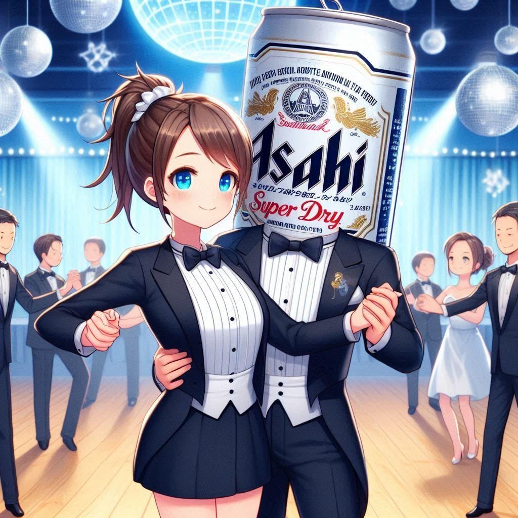 社交ダンスを踊るビール缶と小さな女の子