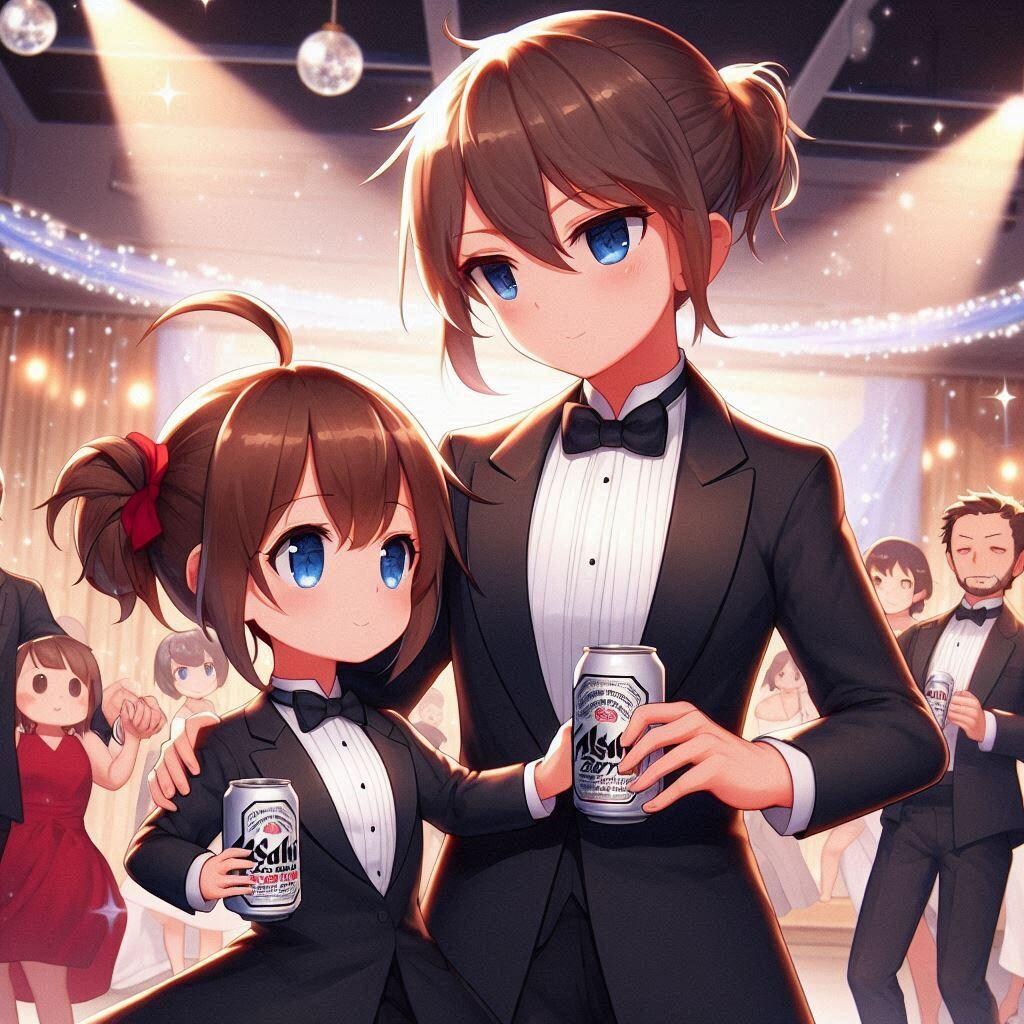 社交ダンスを踊るビール缶と小さな女の子