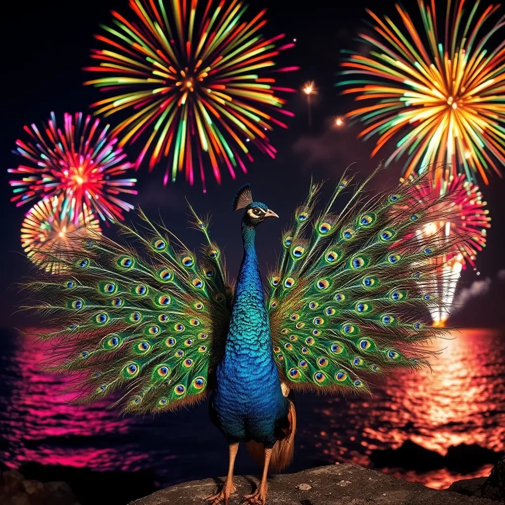 花火と競う孔雀