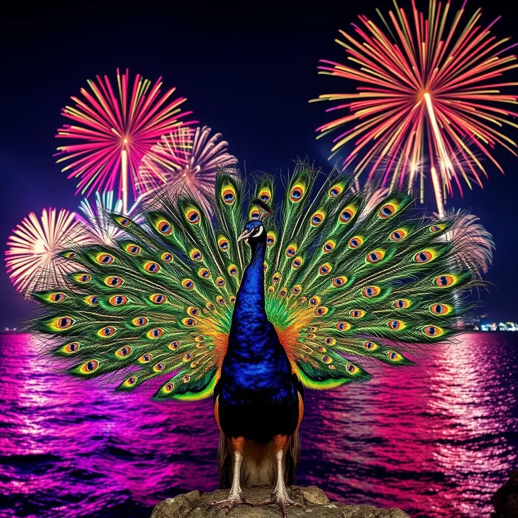 花火と競う孔雀