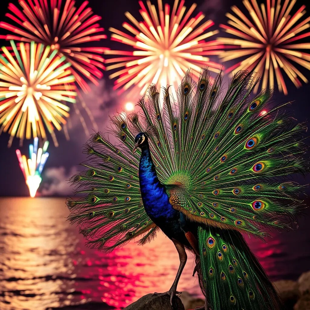 花火と競う孔雀