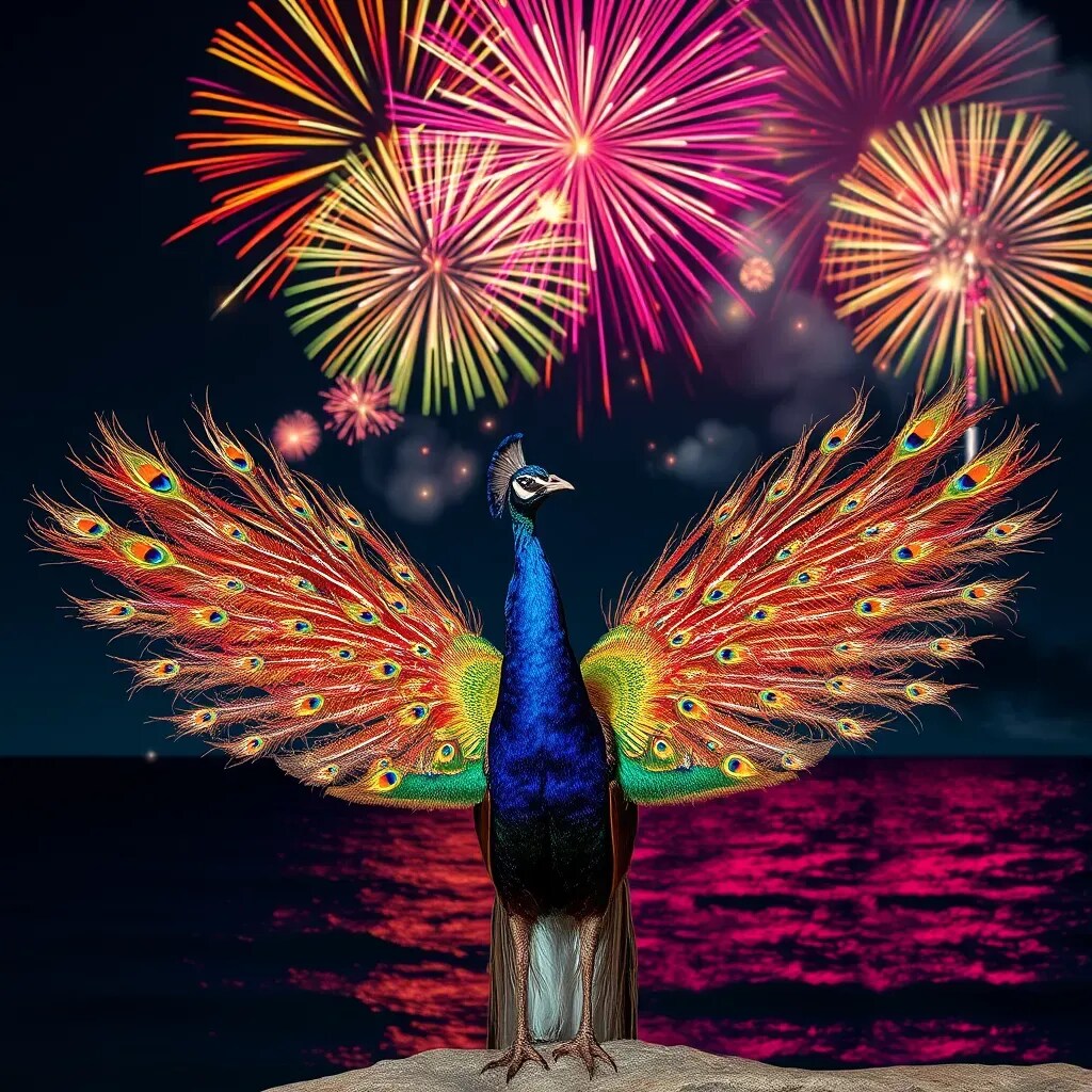 花火と競う孔雀