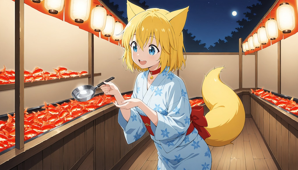 需要と供給を見誤って仕入れすぎた大量の金魚を持て余す金魚すくい屋のおじさんからステンレス製チート網を思いがけず渡されどうやって全部持って帰ろうかと屋台の金魚を根こそぎかっさらっていく気満々のキツネ