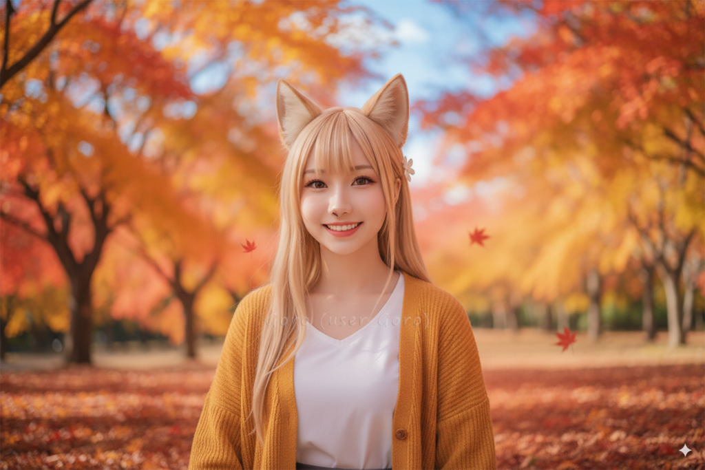 りょうこさん、紅葉の公園で読書