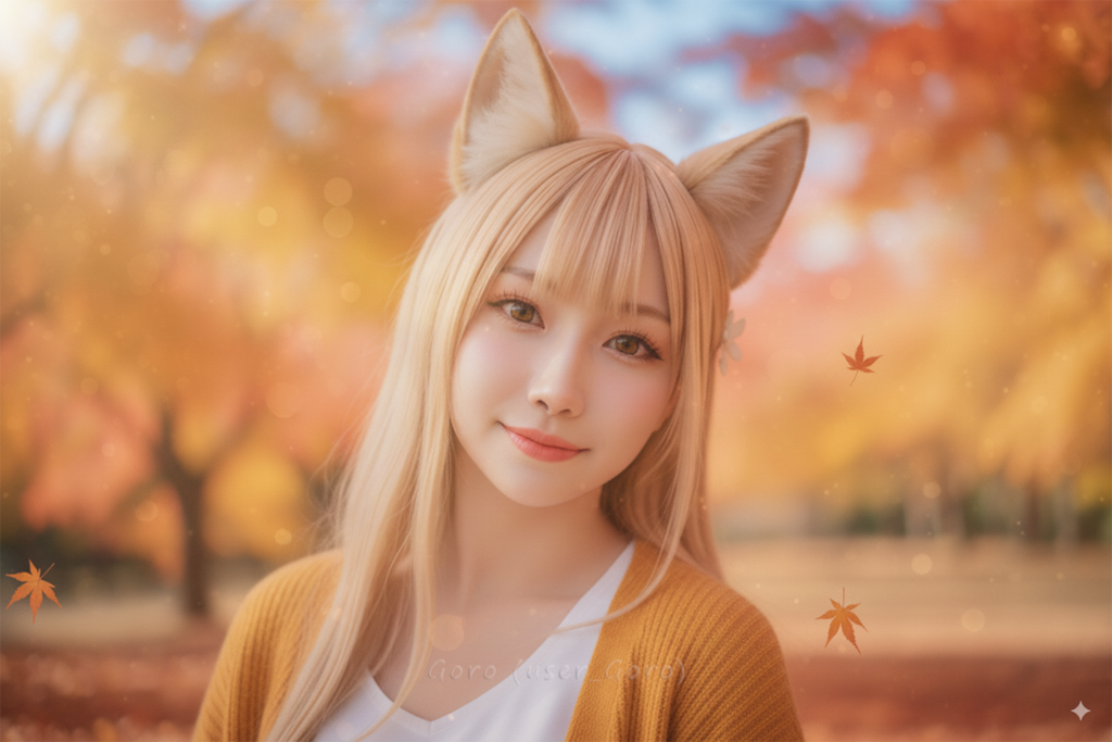 りょうこさん、紅葉の公園で読書