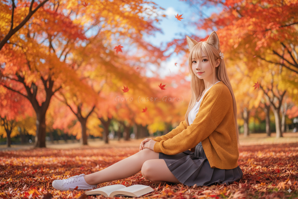 りょうこさん、紅葉の公園で読書