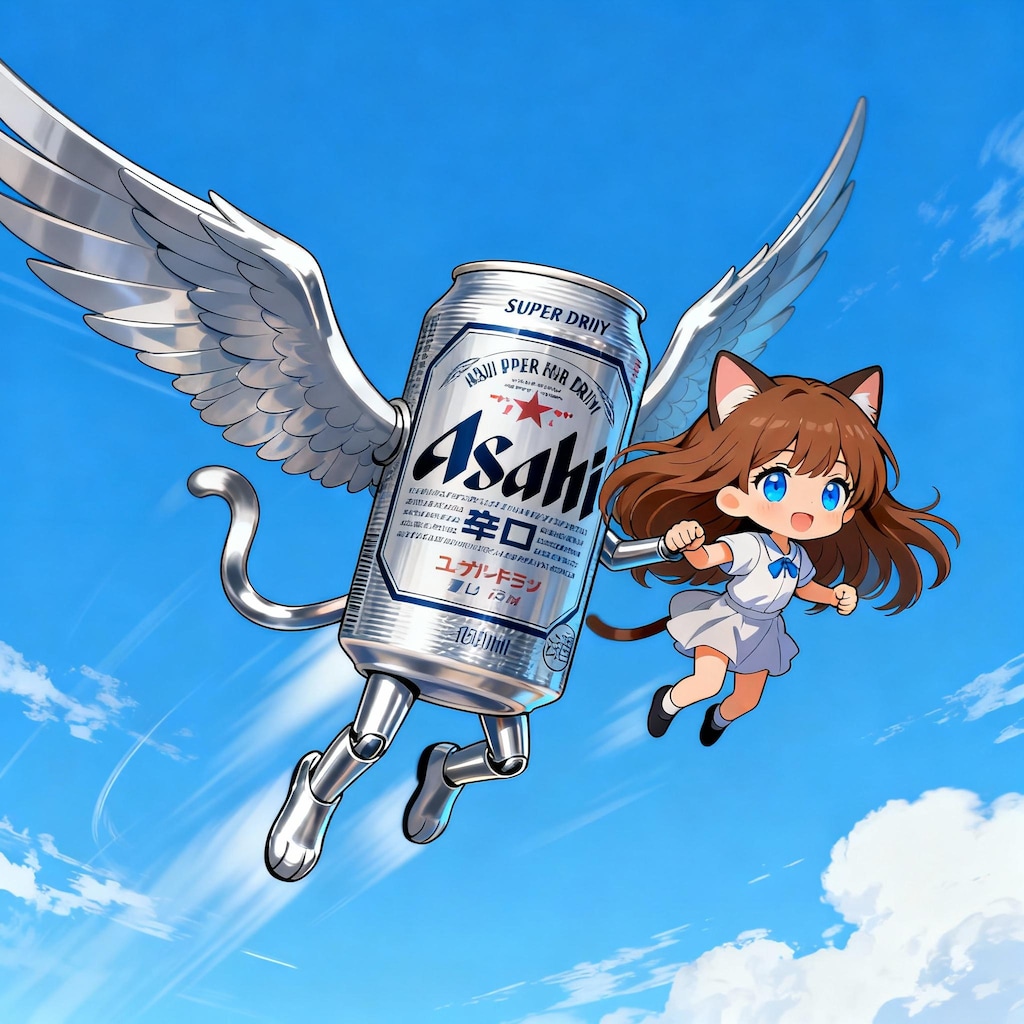 大空を翔ぶビール缶と小さな女の子