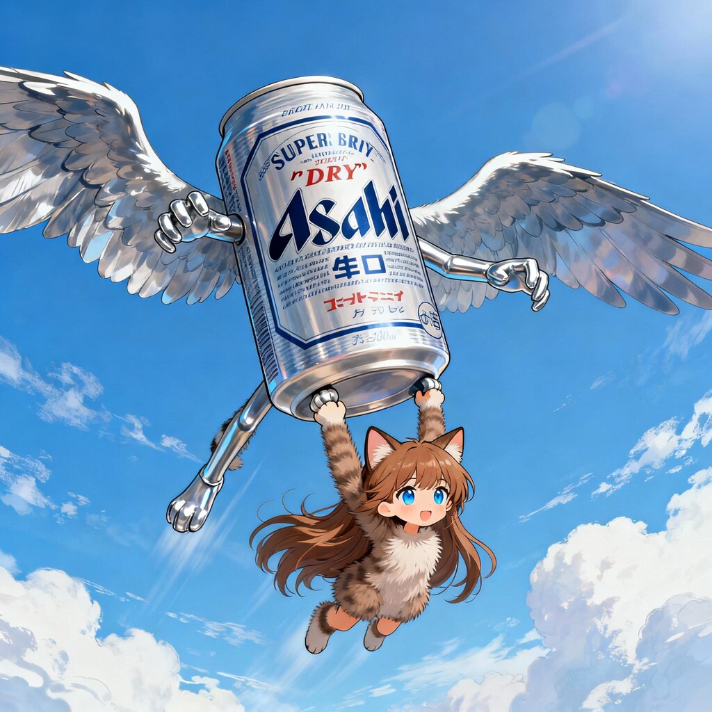 大空を翔ぶビール缶と小さな女の子
