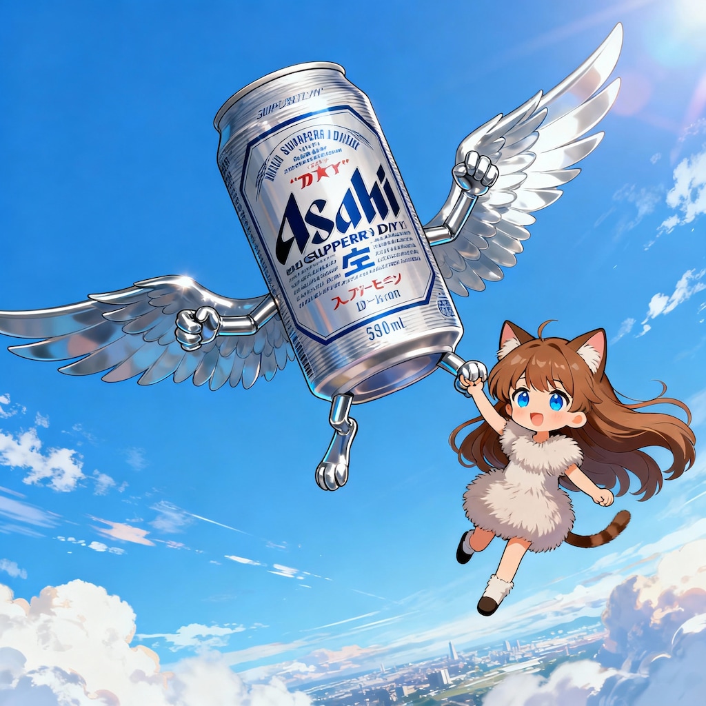 大空を翔ぶビール缶と小さな女の子